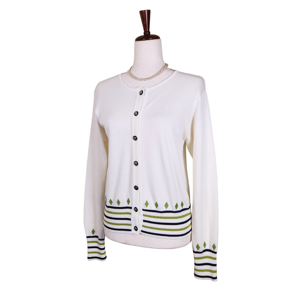 Marisa Christina Sweater Size S Cream Nautical Buttons Diamond Striped Preppy‎